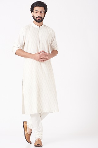Off White Burfi Pintucked Kurta Set                 by Mehraab Men