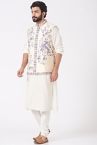 Ivory Silk Bundi Jacket by Mehraab Men
