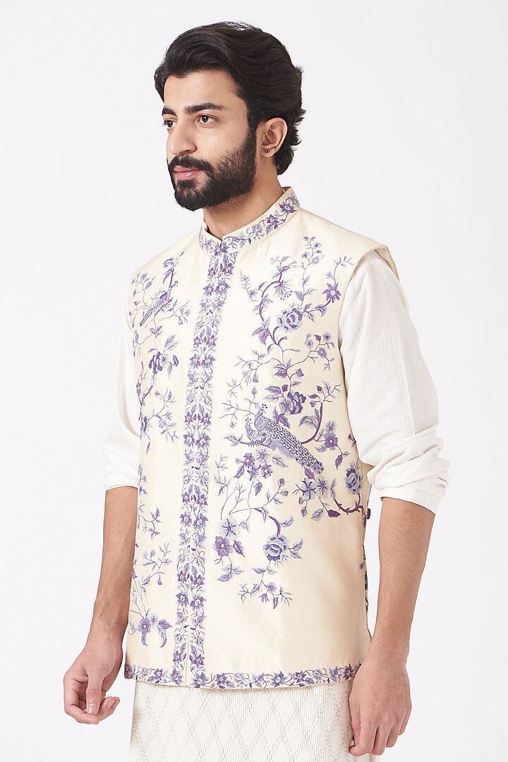 Ivory Silk Bundi Jacket by Mehraab Men at Pernia's Pop Up Shop