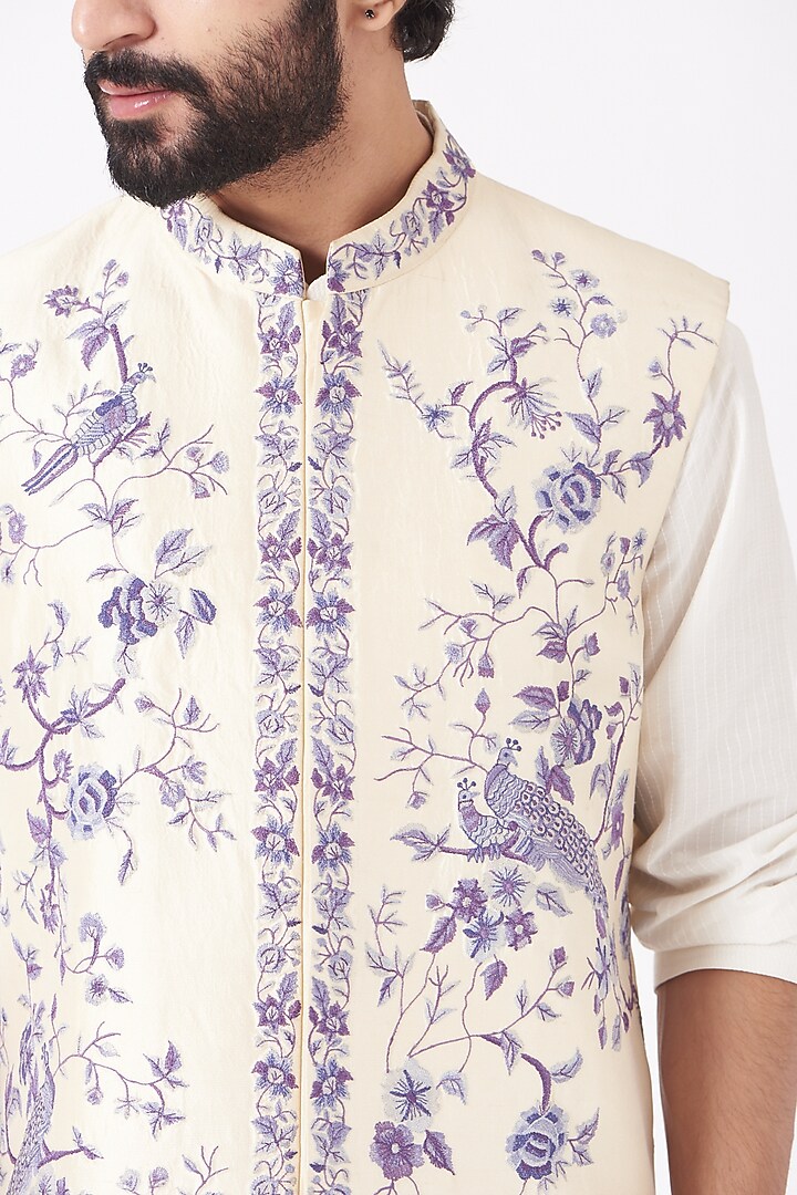 Ivory Silk Bundi Jacket by Mehraab Men at Pernia's Pop Up Shop