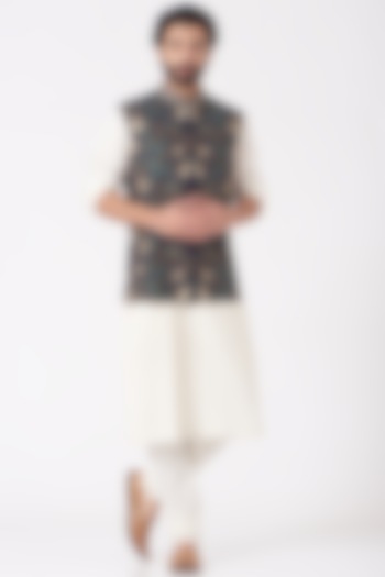 Dark Blue Embroidered Bundi Jacket by Mehraab Men at Pernia's Pop Up Shop