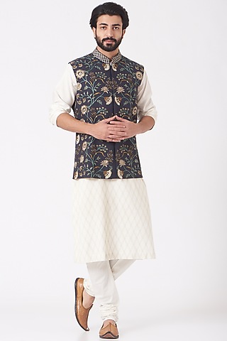 Dark Blue Embroidered Bundi Jacket by Mehraab Men