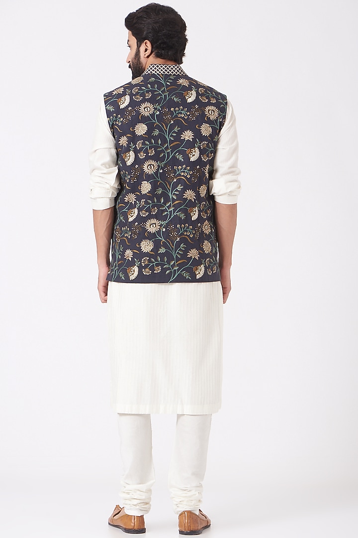 Dark Blue Embroidered Bundi Jacket by Mehraab Men at Pernia's Pop Up Shop