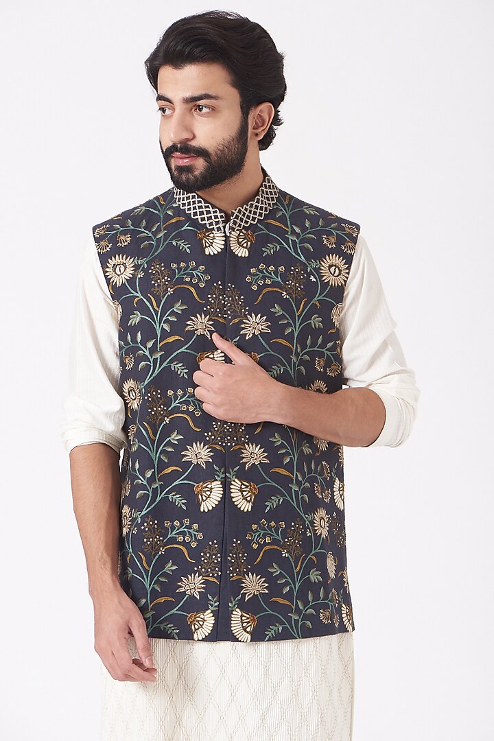 Dark Blue Embroidered Bundi Jacket by Mehraab Men at Pernia's Pop Up Shop