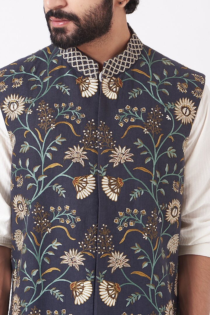 Dark Blue Embroidered Bundi Jacket by Mehraab Men at Pernia's Pop Up Shop