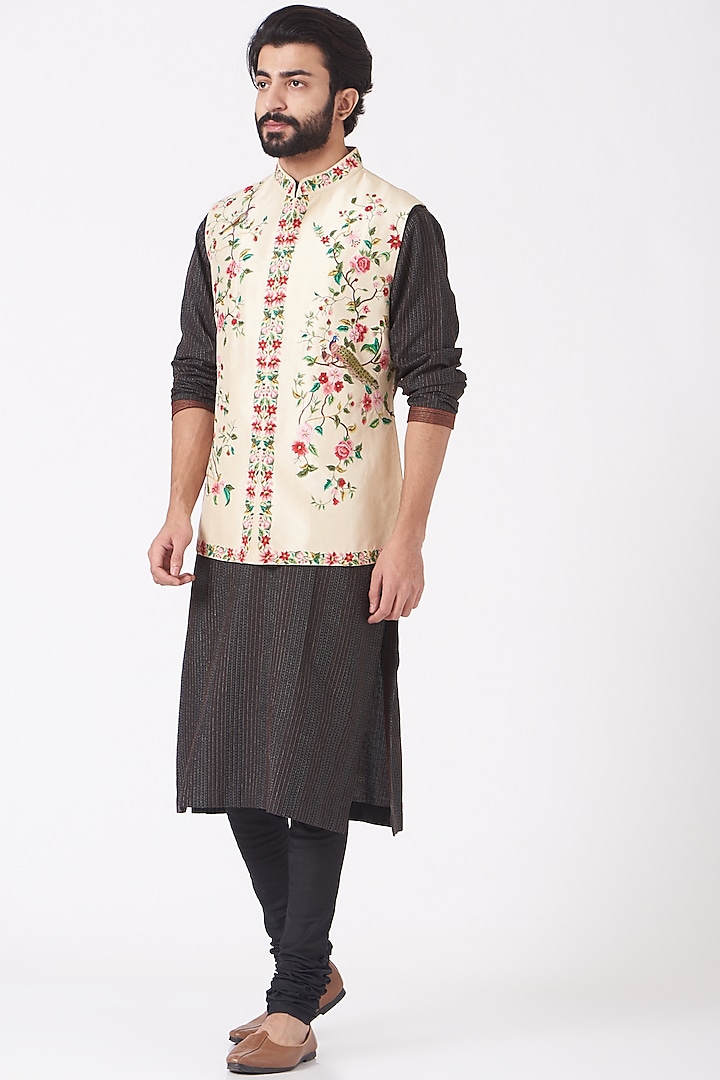 Ivory Silk Blend Bundi Jacket by Mehraab Men