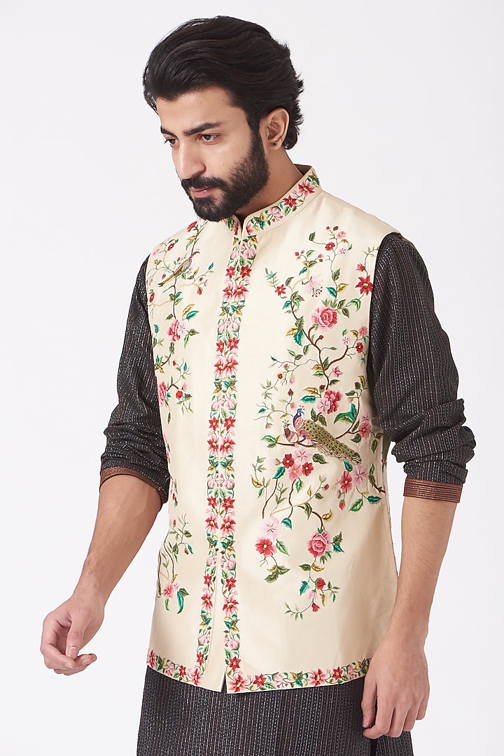 Ivory Silk Blend Bundi Jacket by Mehraab Men at Pernia's Pop Up Shop