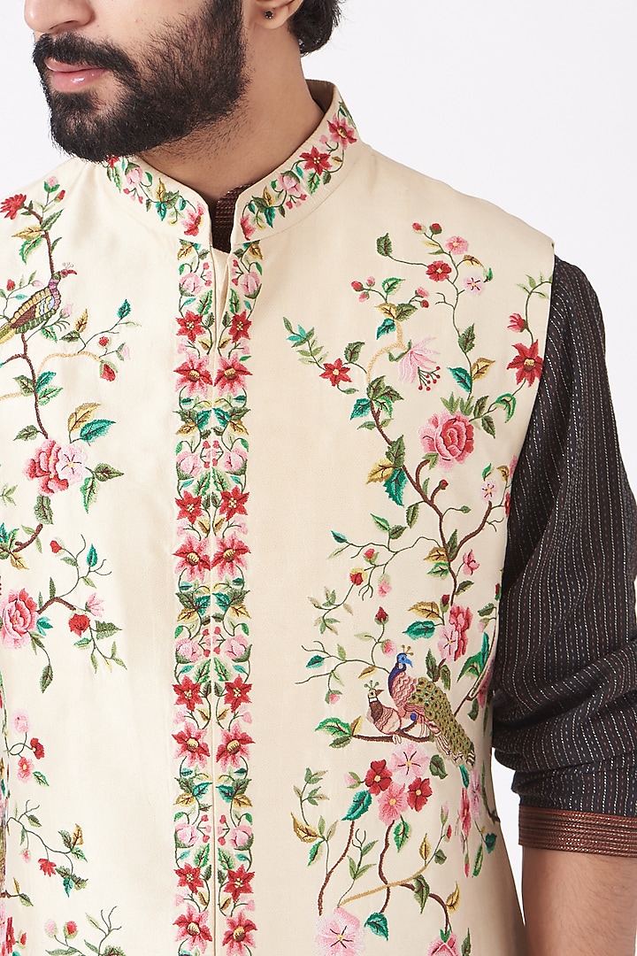 Ivory Silk Blend Bundi Jacket by Mehraab Men at Pernia's Pop Up Shop