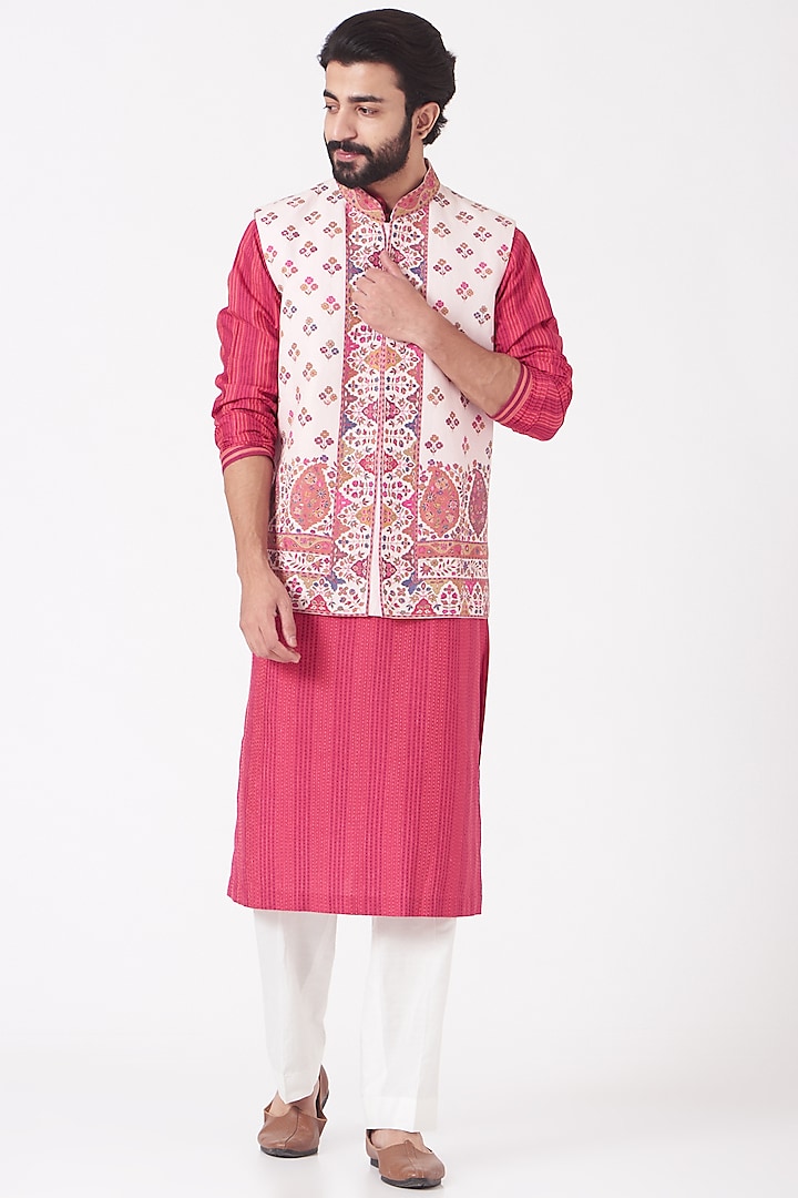 Light Pink Embroidered Bundi Jacket by Mehraab Men