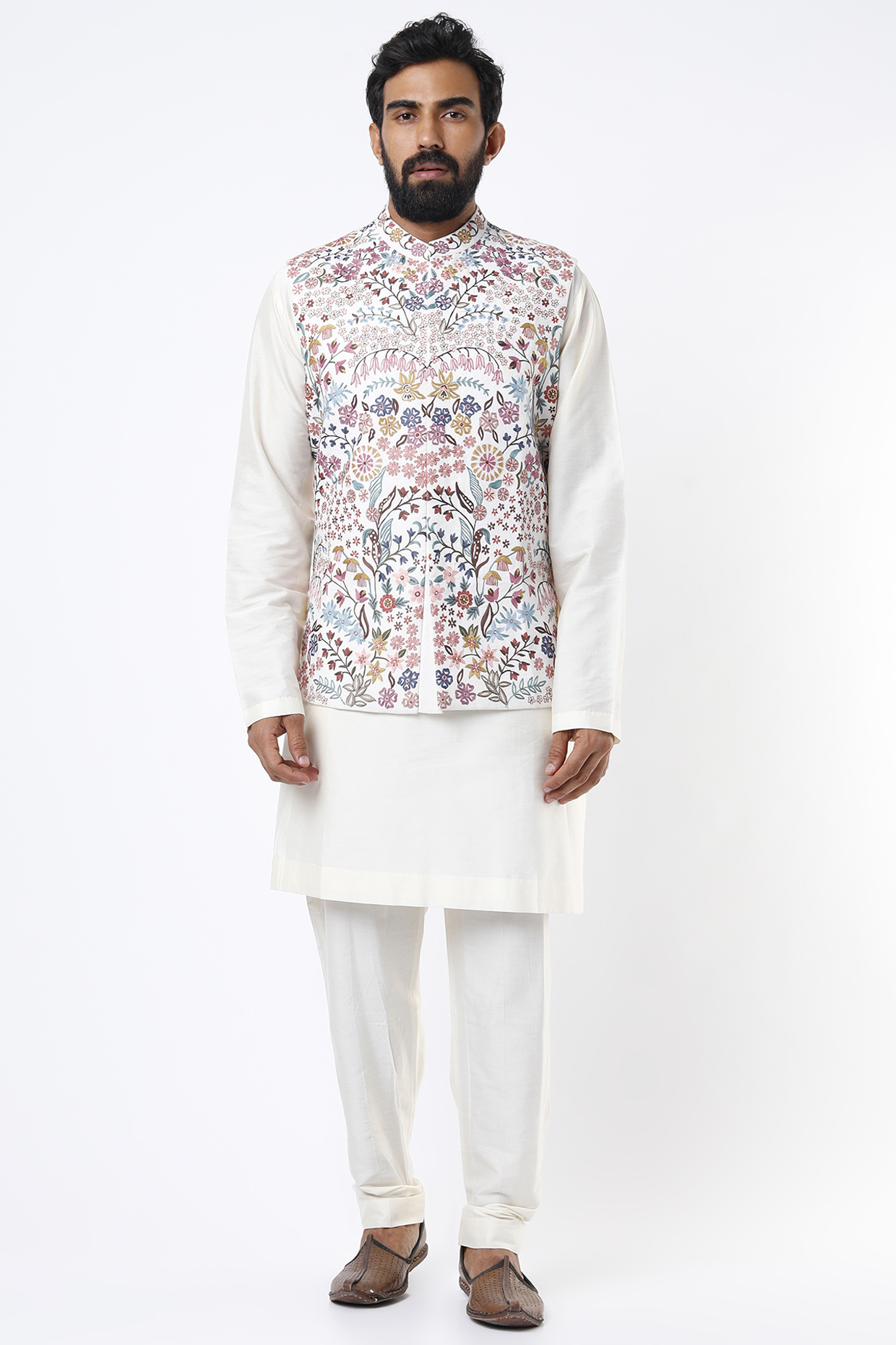 White Linen Blend Floral Resham Work Bundi Jacket by Mehraab Men at Pernia's Pop Up Shop