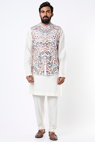 White Linen Blend Floral Resham Work Bundi Jacket by Mehraab Men