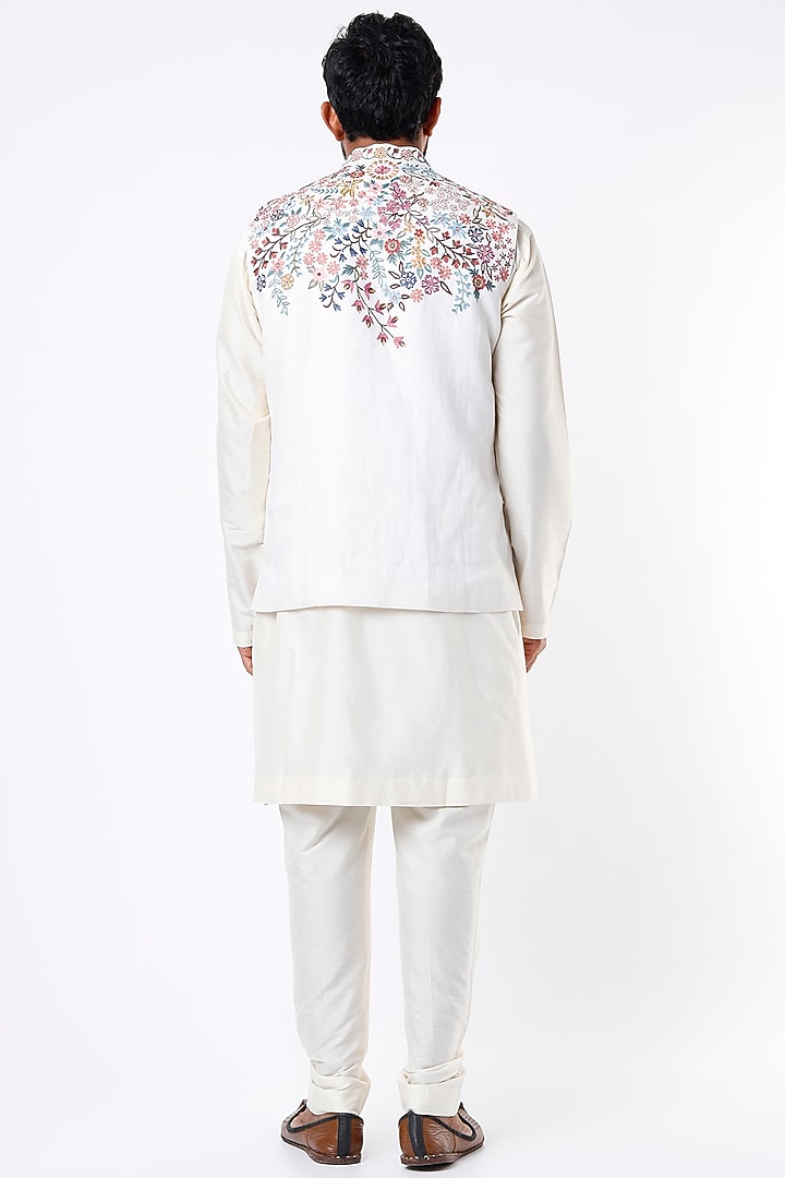 White Linen Blend Floral Resham Work Bundi Jacket by Mehraab Men at Pernia's Pop Up Shop