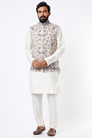 Ivory Linen Blend Jaal & Boota Work Bundi Jacket by Mehraab Men