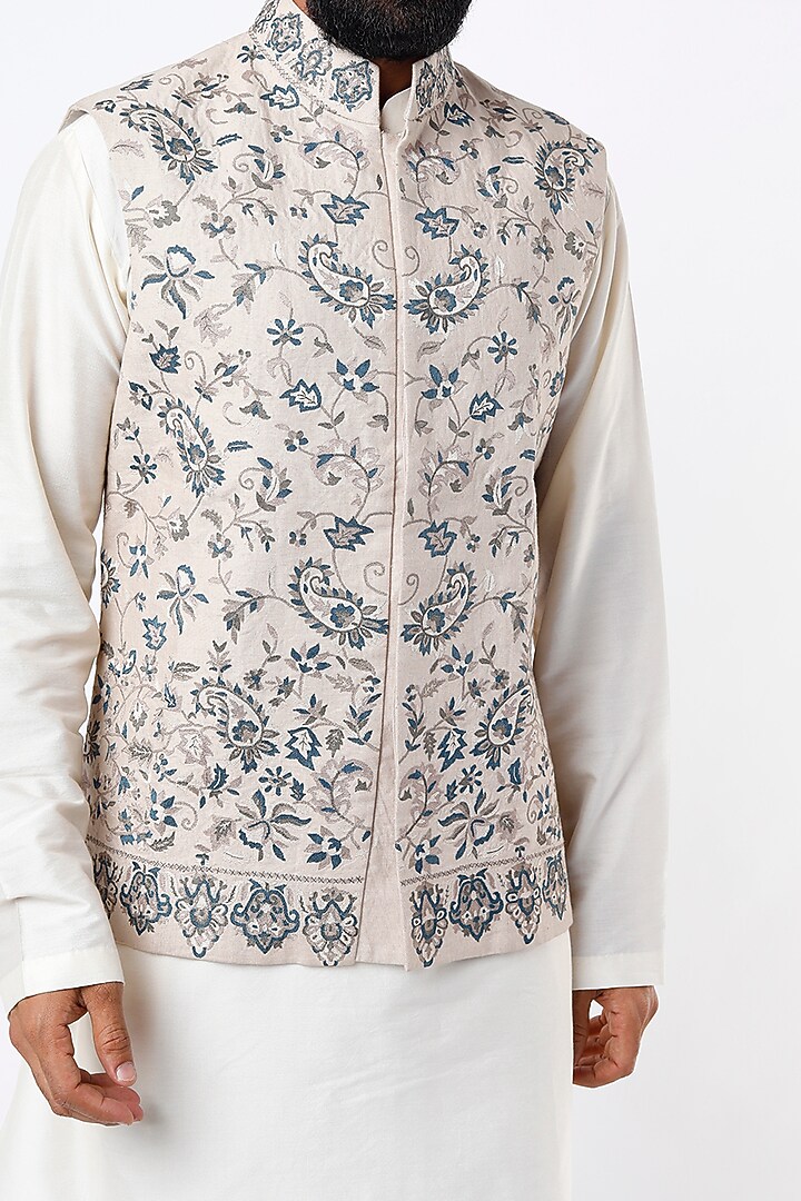 Ivory Linen Blend Jaal & Boota Work Bundi Jacket by Mehraab Men at Pernia's Pop Up Shop
