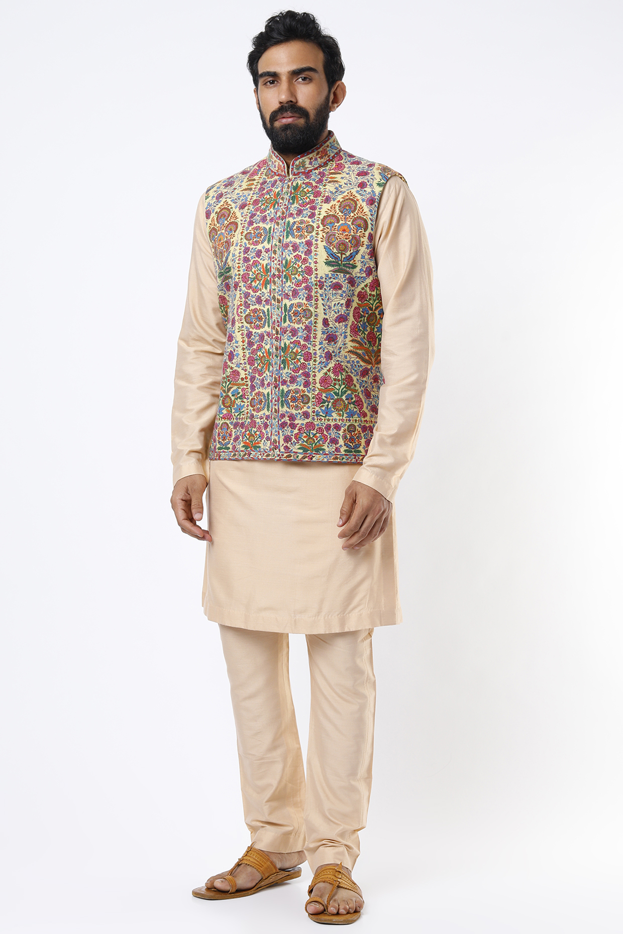 Yellow Hand Painted Bundi Jacket  by Mehraab Men at Pernia's Pop Up Shop