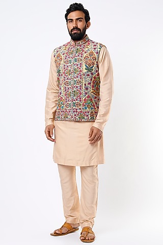 Yellow Hand Painted Bundi Jacket  by Mehraab Men
