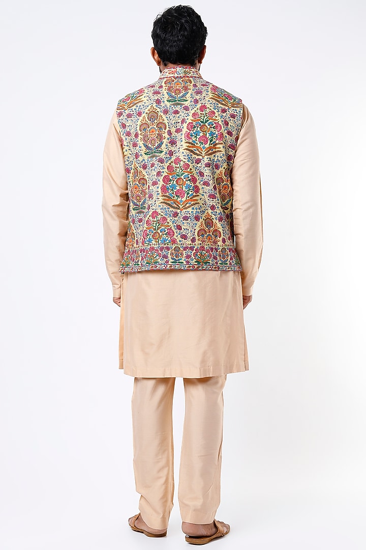 Yellow Hand Painted Bundi Jacket  by Mehraab Men at Pernia's Pop Up Shop