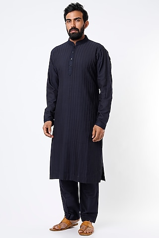 Navy Blue Cotton Silk Kurta Set  by Mehraab Men