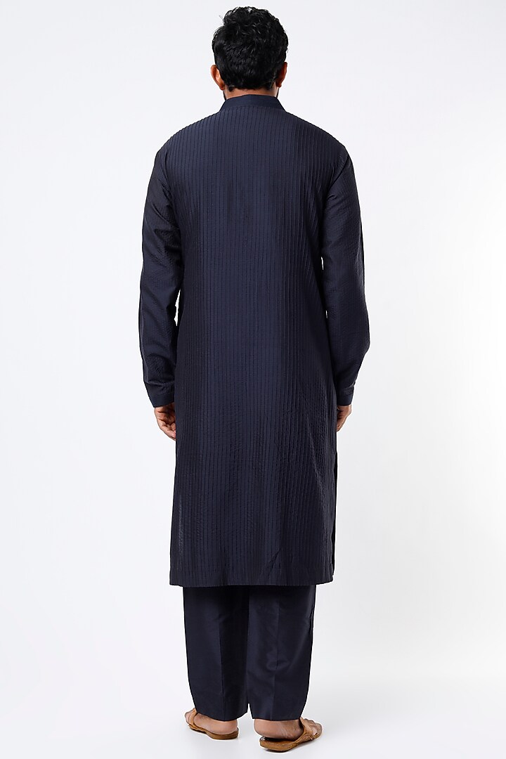 Navy Blue Cotton Silk Kurta Set  by Mehraab Men at Pernia's Pop Up Shop