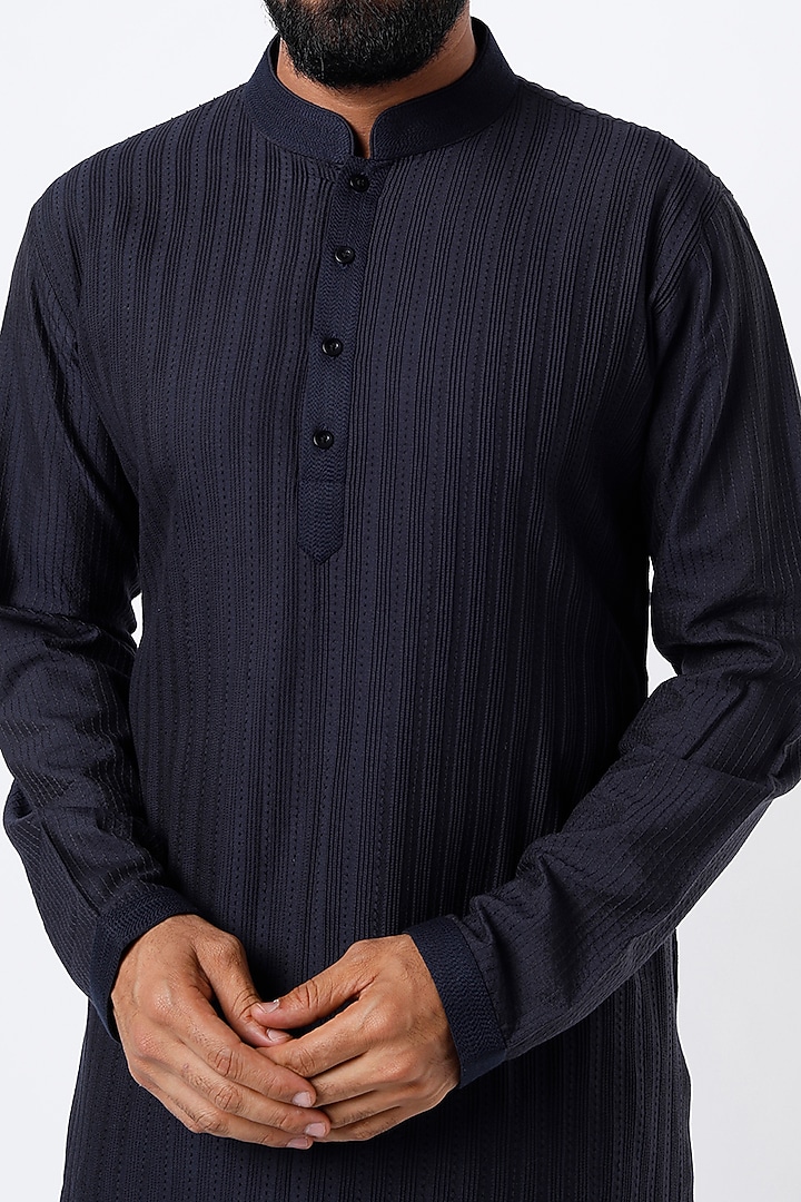 Navy Blue Cotton Silk Kurta Set  by Mehraab Men at Pernia's Pop Up Shop