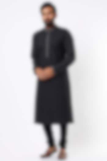 Black Cotton Silk Kurta Set  by Mehraab Men at Pernia's Pop Up Shop