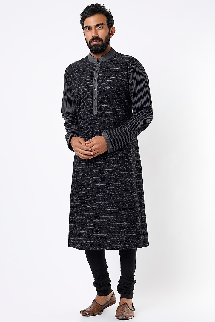 Black Cotton Silk Kurta Set  by Mehraab Men at Pernia's Pop Up Shop