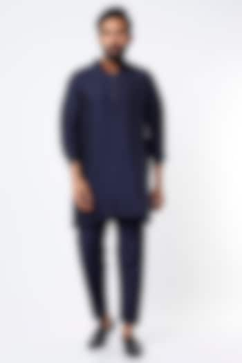 Navy Blue Kurta Set In Cotton Silk  by Mehraab Men at Pernia's Pop Up Shop