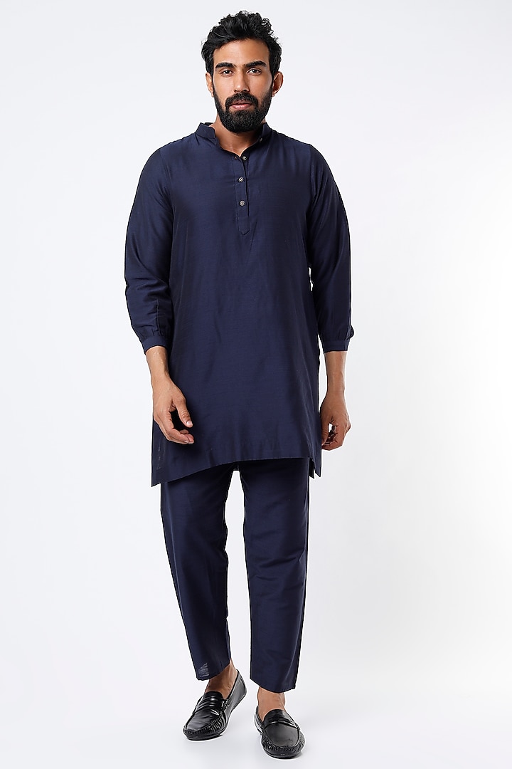 Navy Blue Kurta Set In Cotton Silk  by Mehraab Men at Pernia's Pop Up Shop