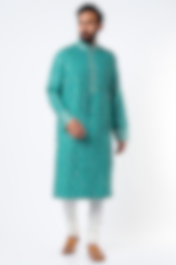 Turquoise Cotton Silk Pintucks Kurta Set by Mehraab Men at Pernia's Pop Up Shop