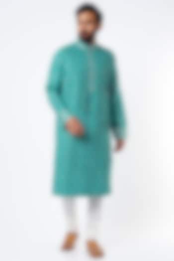 Turquoise Cotton Silk Kurta Set by Mehraab Men