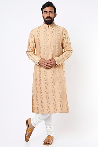 Dark Beige Kurta Set With Gota Work by Mehraab Men