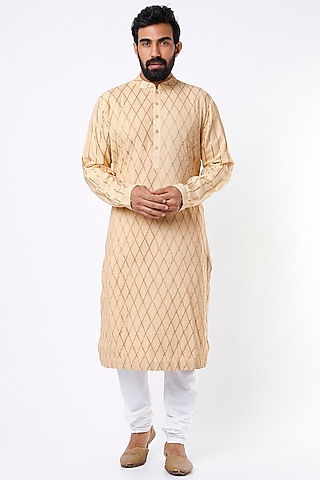 Light Beige Cotton Silk Kurta Set by Mehraab Men