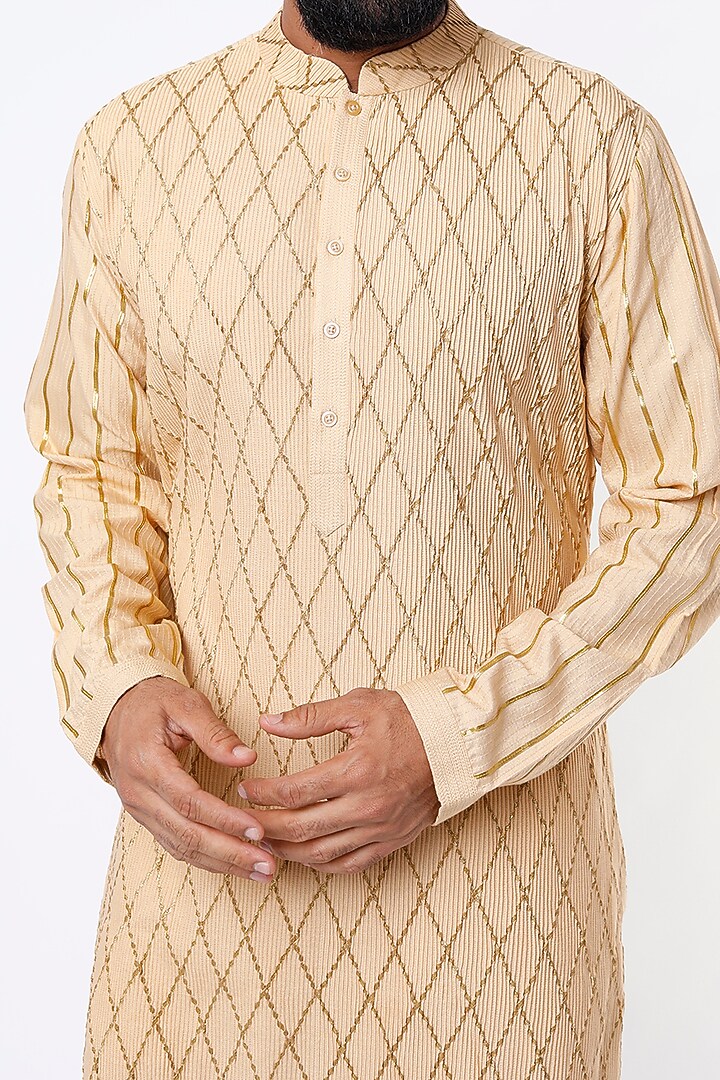 Light Beige Cotton Silk Kurta Set by Mehraab Men at Pernia's Pop Up Shop
