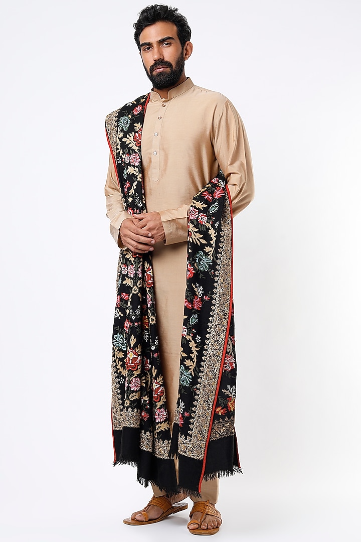 Black Pashmina Zardosi Shawl by Mehraab Men