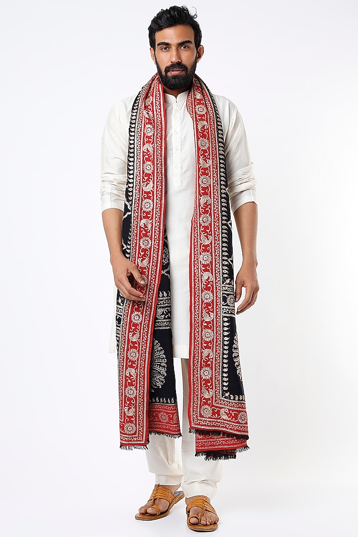 Black & Red Pashmina Shawl by Mehraab Men