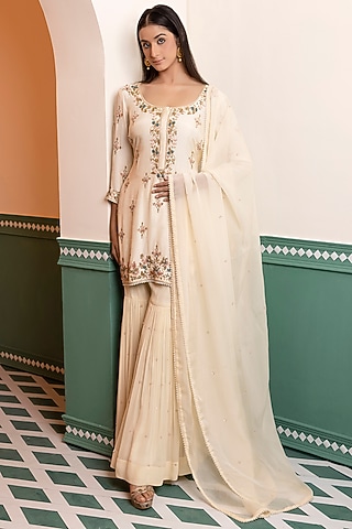 Ivory Georgette Sharara Set by MEHRAB