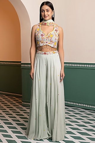 Aqua Blue Georgette Sharara Set by MEHRAB