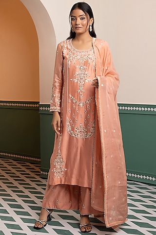 Peach Chanderi Silk Embroidered Kurta Set by MEHRAB