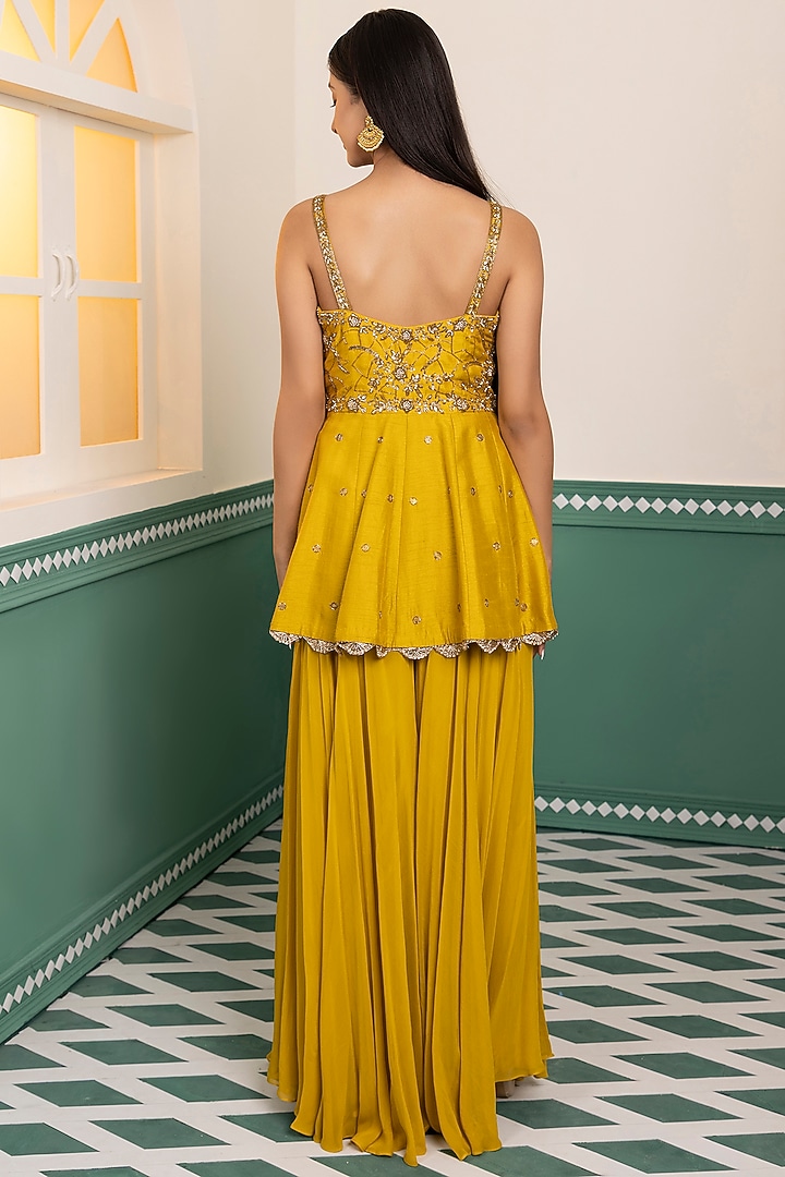 Mustard Dupion Silk & Georgette Pant Set by MEHRAB at Pernia's Pop Up Shop