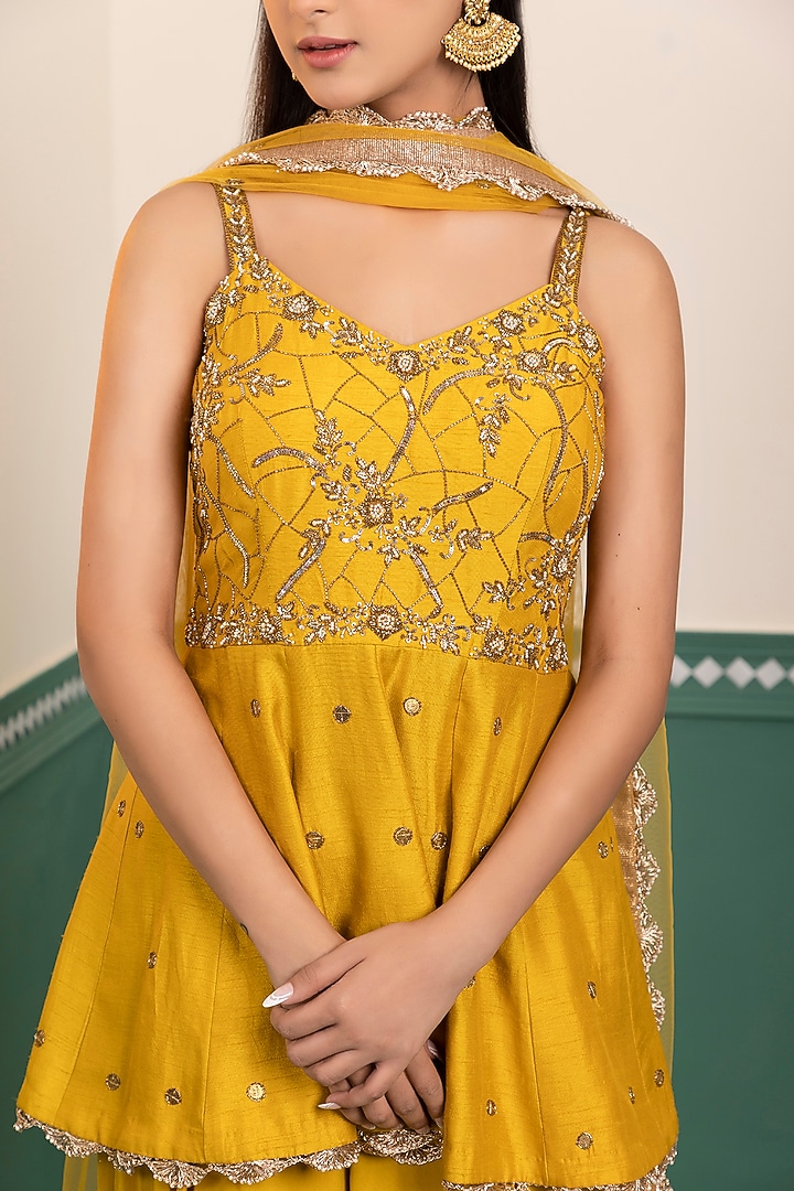 Mustard Dupion Silk & Georgette Pant Set by MEHRAB at Pernia's Pop Up Shop