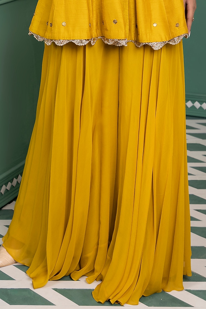 Mustard Dupion Silk & Georgette Pant Set by MEHRAB at Pernia's Pop Up Shop