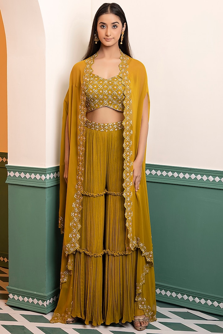 Greenish Yellow Georgette Embroidered Cape Set by MEHRAB