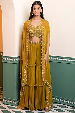 Greenish Yellow Georgette Embroidered Cape Set by MEHRAB
