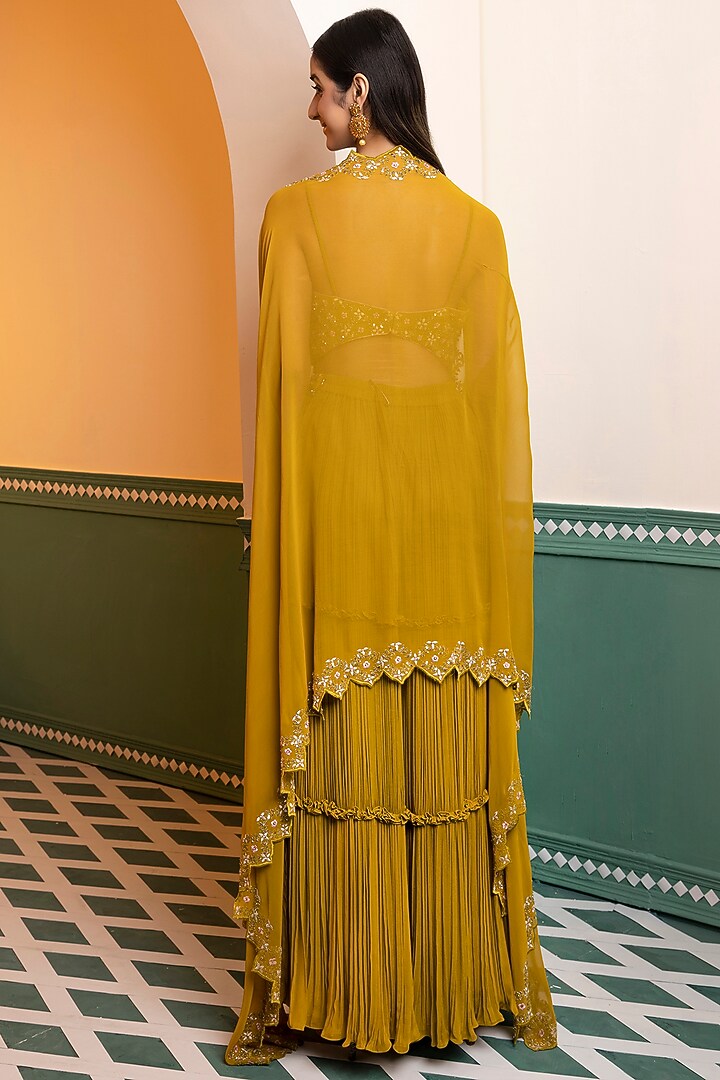 Greenish Yellow Georgette Embroidered Cape Set by MEHRAB at Pernia's Pop Up Shop