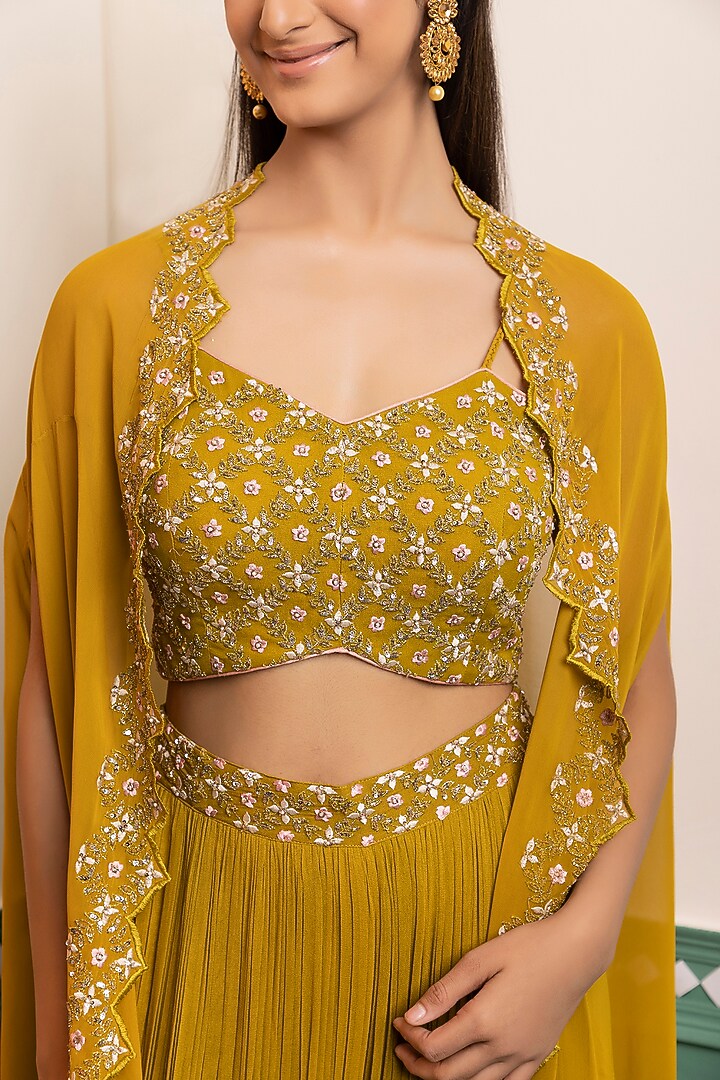 Greenish Yellow Georgette Embroidered Cape Set by MEHRAB at Pernia's Pop Up Shop