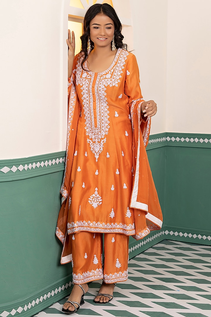 Orange Chanderi Silk Embroidered Kurta Set by MEHRAB
