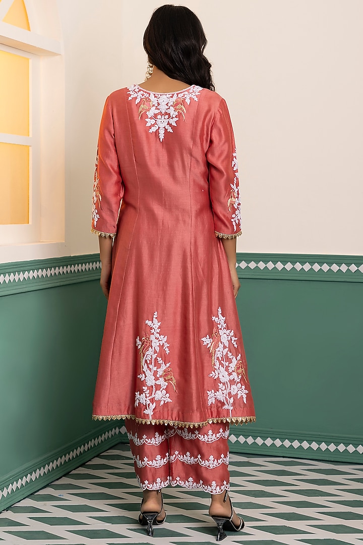 Coral Chanderi Silk Embroidered Kurta Set by MEHRAB at Pernia's Pop Up Shop
