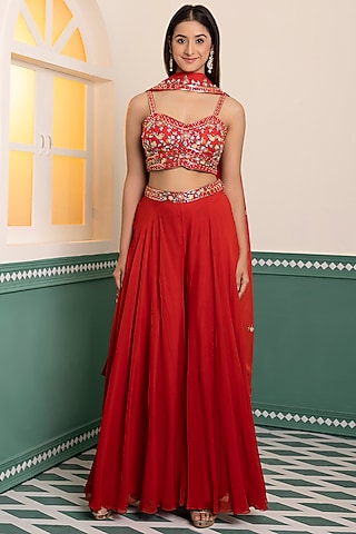 Red Dupion Silk Sharara Set by MEHRAB