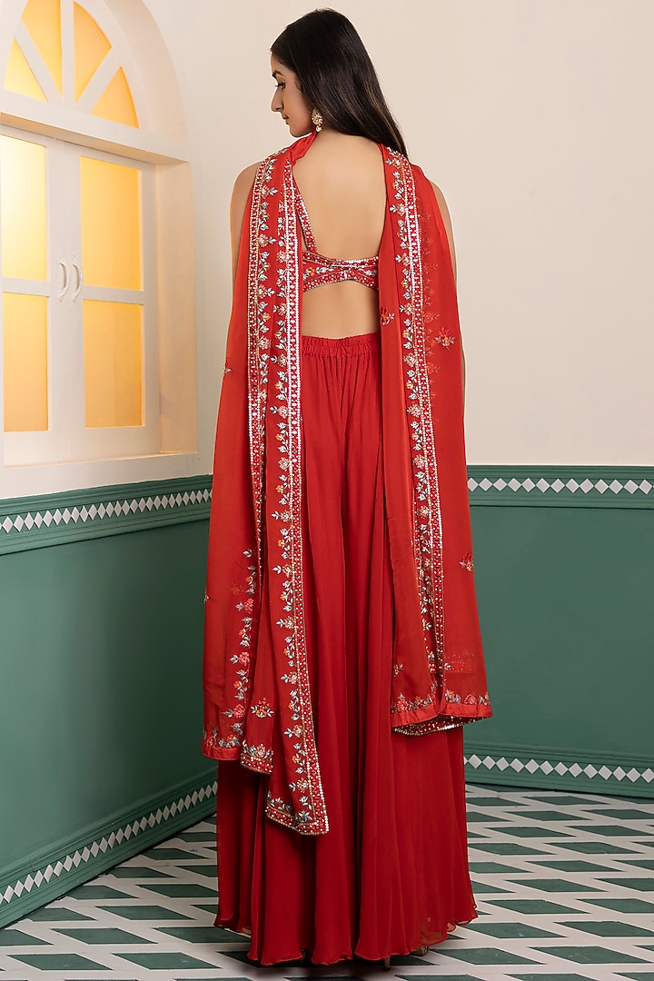 Red Dupion Silk Wedding Sharara Set by MEHRAB at Pernia's Pop Up Shop