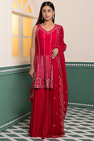 Fuchsia Pink Georgette Sharara Set by MEHRAB